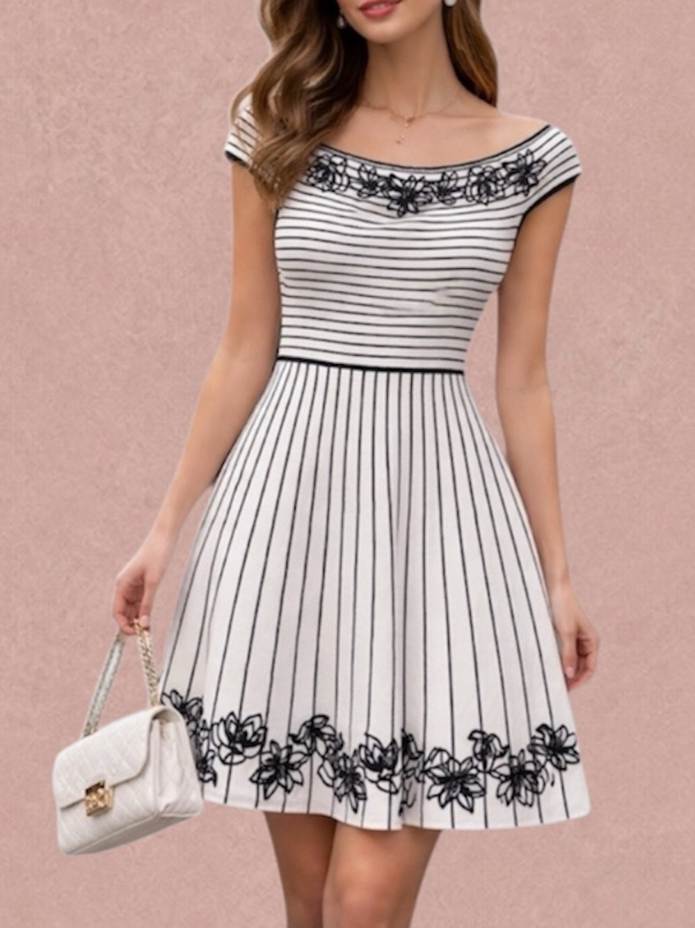 ZAC Zac Posen Black White Striped Off Shoulder Embroidered Fit Flare Dress Med